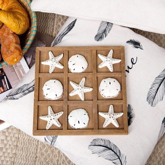 Wood Board Travel Game Beach Tic Tac Toe Coastal Beach House Coffee Table Decor - Picture 1 of 4